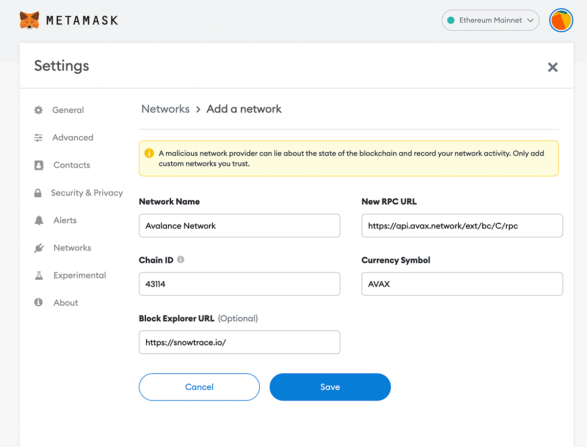 Как перевести Avalance в Metamask